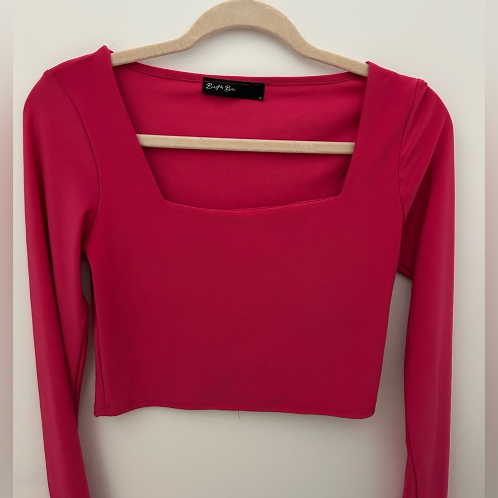 Pink Square Neck Long Sleeve Crop Top